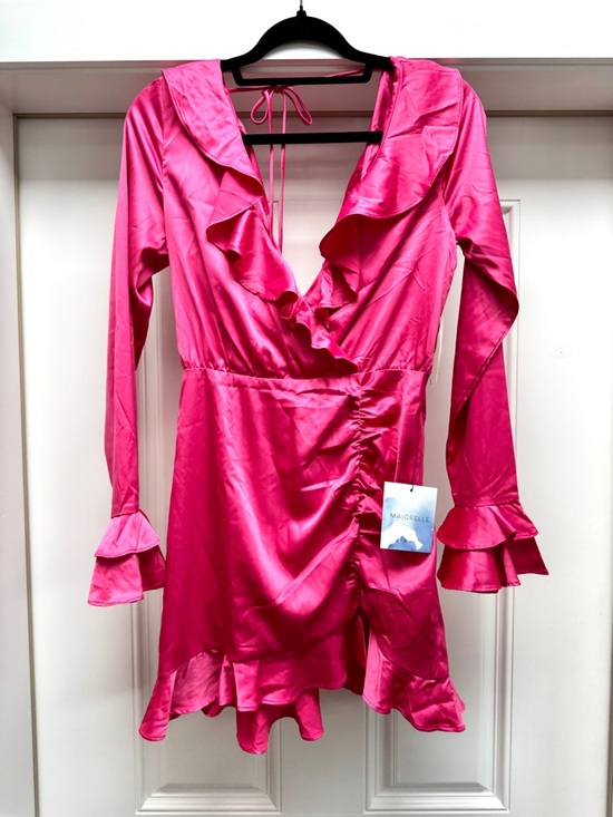 MAJORELLE Pink Satin Ruffle Wrap Nelly Mini Dress in Paradise Pink New with Tags - Picture 4 of 13